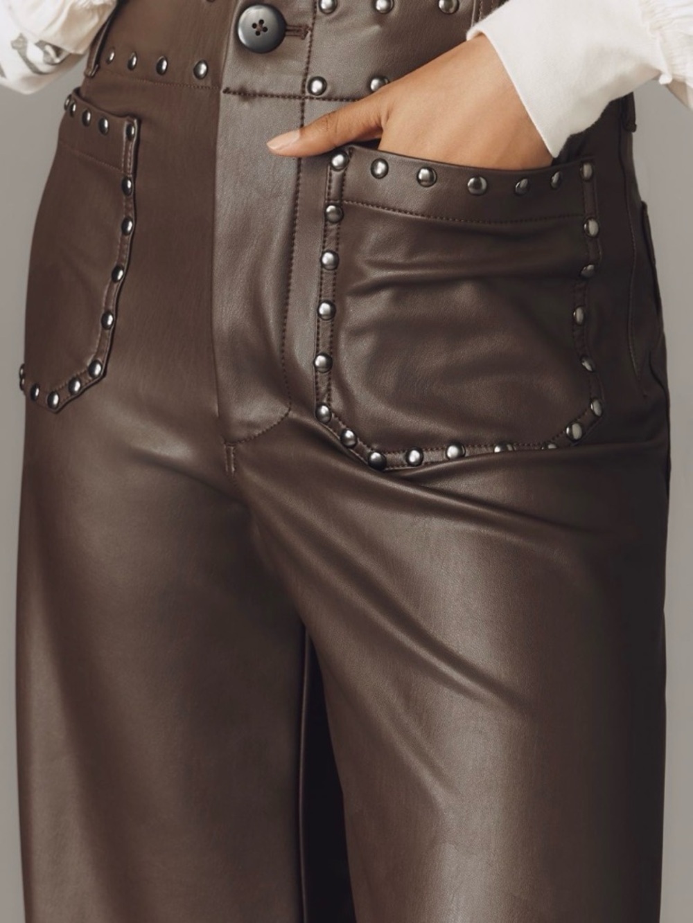 Anthropologie Colette Full-Length Faux Leather Studded brown pants 31 western - Picture 5 of 11